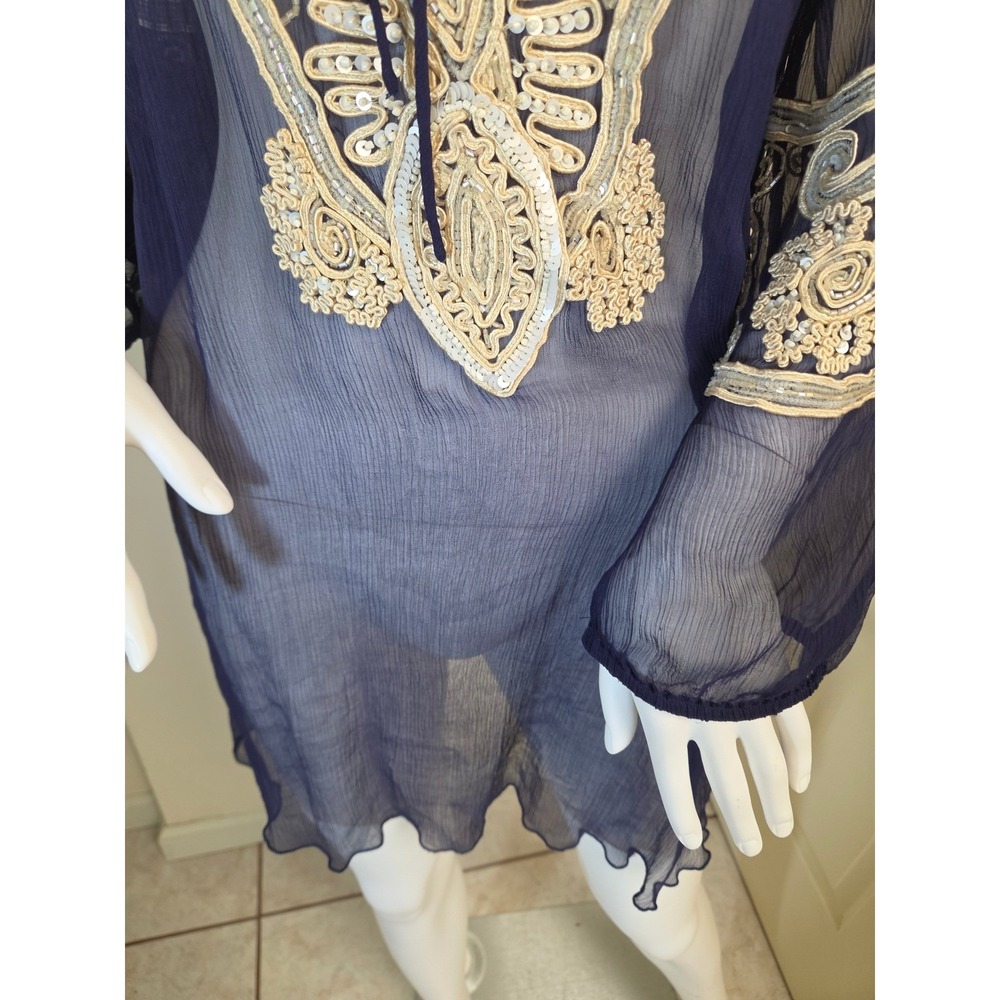 Calypso St. Barth Silk Embroidered Sequin Tunic Navy Blue Boho Coverup Medium - Picture 14 of 14